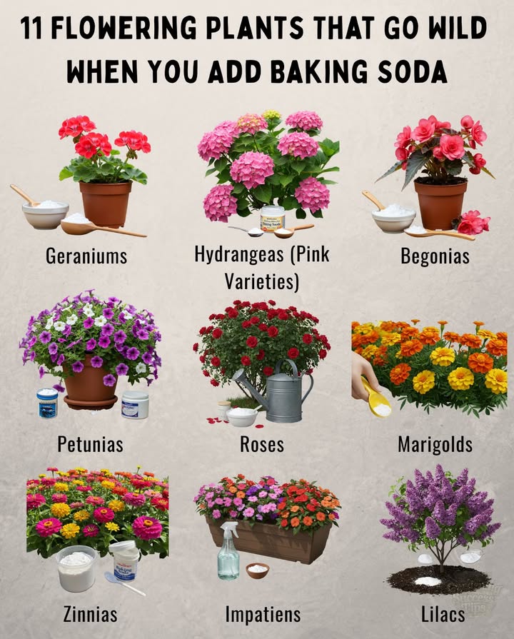Boost your blooms with baking soda! Here are 11 flowering plants that thrive with this natural magic:

1. Geraniums: Water with 1 tbsp per gallon, every 2 weeks for stronger stems and more blooms.
2. Pink Hydrangeas: Sprinkle a few tbsp monthly to enhance vibrancy.
3. Begonias: Spray with 1 tsp  a drop of dish soap in 1 qt water to reduce fungus.
4. Petunias: Add a pinch around roots every 23 weeks for nonstop flowers.
5. Roses: Weekly spray of 1 tbsp  1 tsp liquid soap in 1 gal water fights black spot and boosts blooming.
6. Marigolds: Mix into soil before planting and dust monthly for vibrant color.
7. Zinnias: Water occasionally with 1 tsp per gallon for mildew protection.
8. Impatiens: Spray every 10 days with 1 tsp in 1 qt water to prevent rot.
9. Morning Glories: Dust 1 tsp around base every 34 weeks for more blooms.
10. Pansies: Apply lightly once a month for steady blooming.
11. Lilacs: Scratch in 1 tbsp early spring & post-bloom to enhance fragrance.

Just 1 tsp1 tbsp = natural magic!