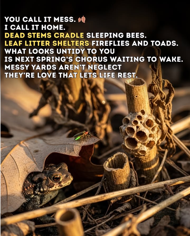 Dead stems = next years bees!   
Leaf litter = next years fireflies!   
Messy yards = life! 
Clean too much, and you clean life away.