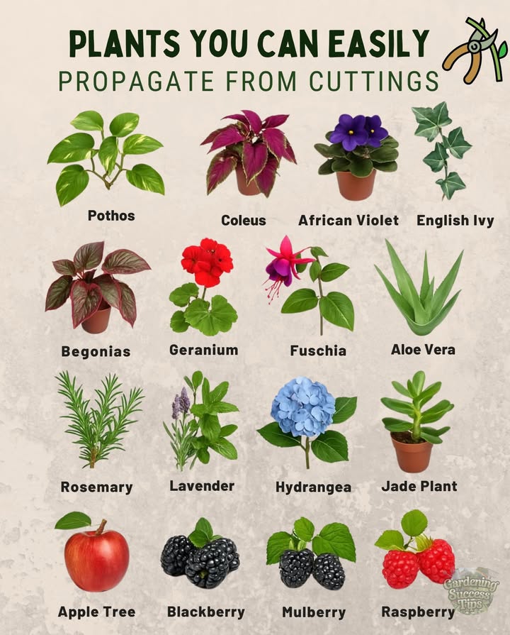 16 Plants You Can Easily Propagate from Cuttings 

1. Pothos  vine magic in water  
2. Coleus  colorful in water or soil  
3. African Violet  baby plants from a leaf  
4. English Ivy  fast-growing vine  
5. Begonias  leaf or stem in moist soil  
6. Geranium  quick roots from stem cuttings  
7. Fuchsia  softwood cuttings  blooms  
8. Aloe Vera  pups from the base  
9. Rosemary  semi-hardwood magic  
10. Lavender  softwood or semi-hardwood cuttings  
11. Hydrangea  non-flowering stems in soil  
12. Jade Plant  leaf or stem in dry soil  
13. Apple Tree  hardwood cuttings  
14. Blackberry  stem or root cuttings  
15. Mulberry  softwood cuttings in summer  
16. Raspberry  root or stem cuttings  

 Multiply your garden the easy  fun way!
