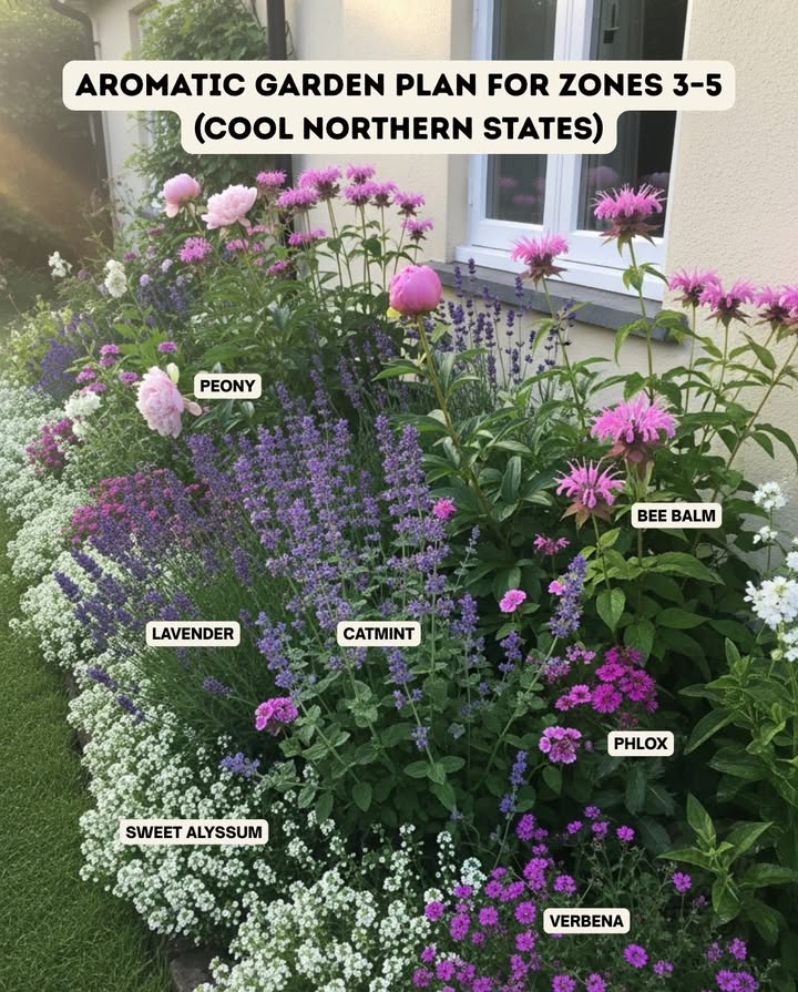 Aromatic Garden Plan for Zones 35
 Blooms from spring to early fall  your cool-climate fragrance haven.
 Peony  Sweet spring scent and lush, showy blooms.
 Bee Balm  Minty fragrance; attracts hummingbirds.
 Lavender  Calming aroma; loves dry, sunny soil.
 Catmint Nepeta  Soft lavender-blue flowers, citrus scent.
 Phlox  Summer blooms with a rich, sweet perfume.
 Verbena  Light floral scent; long-lasting color.
 Sweet Alyssum  Low, honey-scented carpet edging beds.