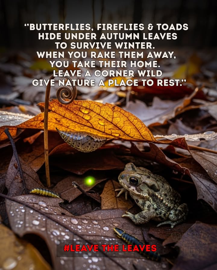 Hidden beneath those colorful autumn leaves   
are butterflies, lightning bugs,  
and tiny toads trying to survive the cold.  
When we rake and bag it all away,  
we sweep away their only home.  

This fall, leave a corner wild  
a soft place for nature to sleep  
until spring returns.