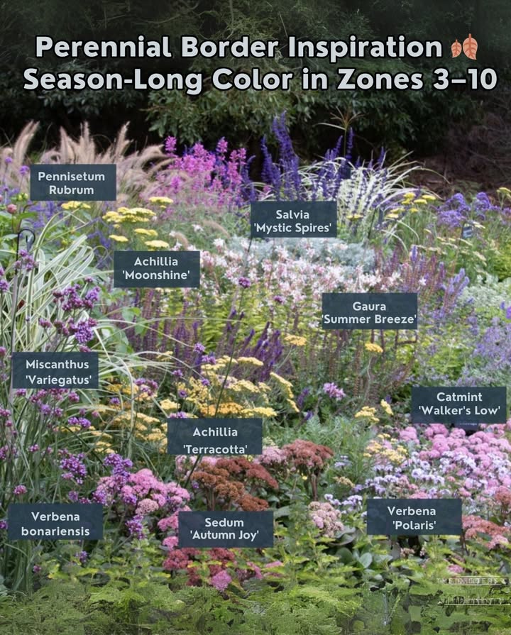 Create a layered garden that blends grasses, pollinator plants, and long-blooming perennials  perfect for a vibrant display from summer into fall.

 Pennisetum rubrum  Annual in Zones 911 treated as annual elsewhere
 Miscanthus Variegatus  Hardy in Zones 59
 Achillea Moonshine  Hardy in Zones 39
 Achillea Terracotta  Hardy in Zones 39
 Salvia Mystic Spires  Hardy in Zones 810
 Gaura Summer Breeze  Hardy in Zones 59
 Catmint Walkers Low  Hardy in Zones 49
 Verbena bonariensis  Hardy in Zones 710 self-seeds in colder zones
 Verbena Polaris  Hardy in Zones 710
 Sedum Autumn Joy  Hardy in Zones 39

 This mix gives waves of color, texture, and movement  while attracting bees & butterflies all season long.