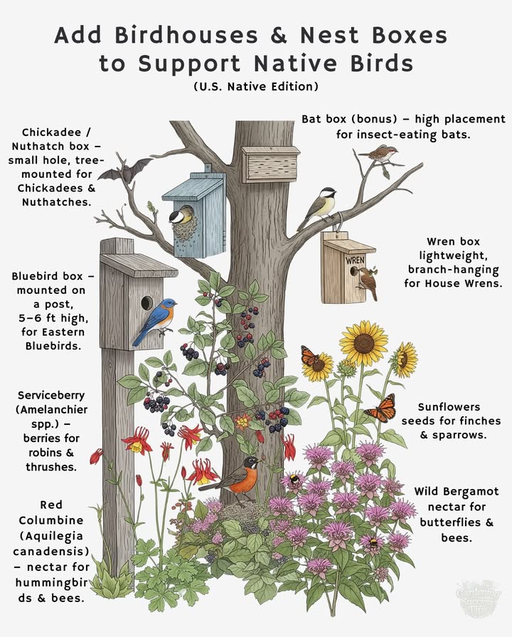 蝹 Add Birdhouses & Nest Boxes U.S. Native Edition
safe nesting sites while adding beauty and life to your garden!

 Bluebird box  post-mounted, perfect for Eastern Bluebirds.
 Chickadee box  tree-mounted, ideal for Chickadees & Nuthatches.
 Wren box  branch-hanging, loved by House Wrens.
 Bat box bonus  helps bats that eat thousands of insects each night.
 Serviceberry  native berries for Robins and other fruit-loving birds.
 Red Columbine  nectar source for hummingbirds and pollinators.
 Sunflowers  seed-rich heads for Goldfinches and Sparrows.
 Wild Bergamot  blooms that feed butterflies and bumblebees.