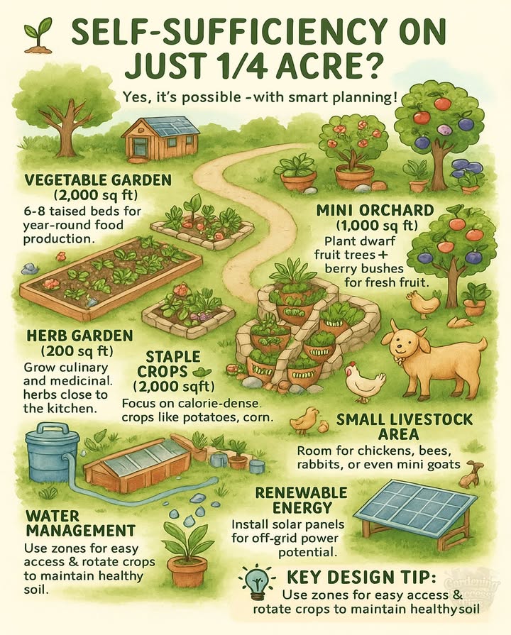 SELF-SUFFICIENCY ON JUST 1/4 ACRE
Most people think you need acres of land to grow your own food, but the truth is you can create an amazingly productive mini-homestead in a typical suburban lot.

With smart planning and efficient design, a quarter acre can provide:
塞 Vegetable garden 2,000 sq ft with 6-8 raised beds for year-round harvests
 Orchard space 1,000 sq ft with dwarf fruit trees and berry bushes
 Herb garden 200 sq ft for culinary and medicinal needs
凜 Staple crops 2,000 sq ft for calorie-dense foods like potatoes and corn
 Small structures for storage, animals, and season extension
 Space for chickens, bees, and even small goats
 Water management systems like rain barrels and greywater reuse
 Renewable energy sources including solar panels

The key is permaculture zoning – placing elements strategically to save time and energy while maximizing productivity.