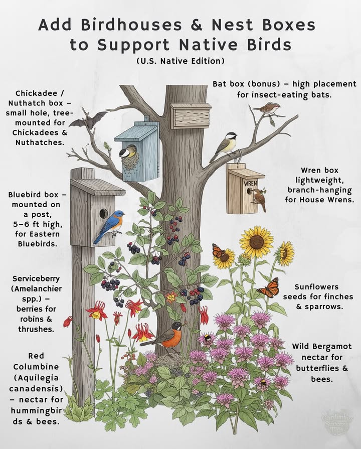 safe nesting sites while adding beauty and life to your garden!
Zones: 49 adaptable with local trees & shrubs.

 Bluebird box  post-mounted, perfect for Eastern Bluebirds.
 Chickadee box  tree-mounted, ideal for Chickadees & Nuthatches.
 Wren box  branch-hanging, loved by House Wrens.
 Bat box bonus  helps bats that eat thousands of insects each night.
 Serviceberry  native berries for Robins and other fruit-loving birds.
 Red Columbine  nectar source for hummingbirds and pollinators.
 Sunflowers  seed-rich heads for Goldfinches and Sparrows.
 Wild Bergamot  blooms that feed butterflies and bumblebees.

 Nest boxes  native plants = a thriving backyard full of song, color, and pollinators year-round. 曆
