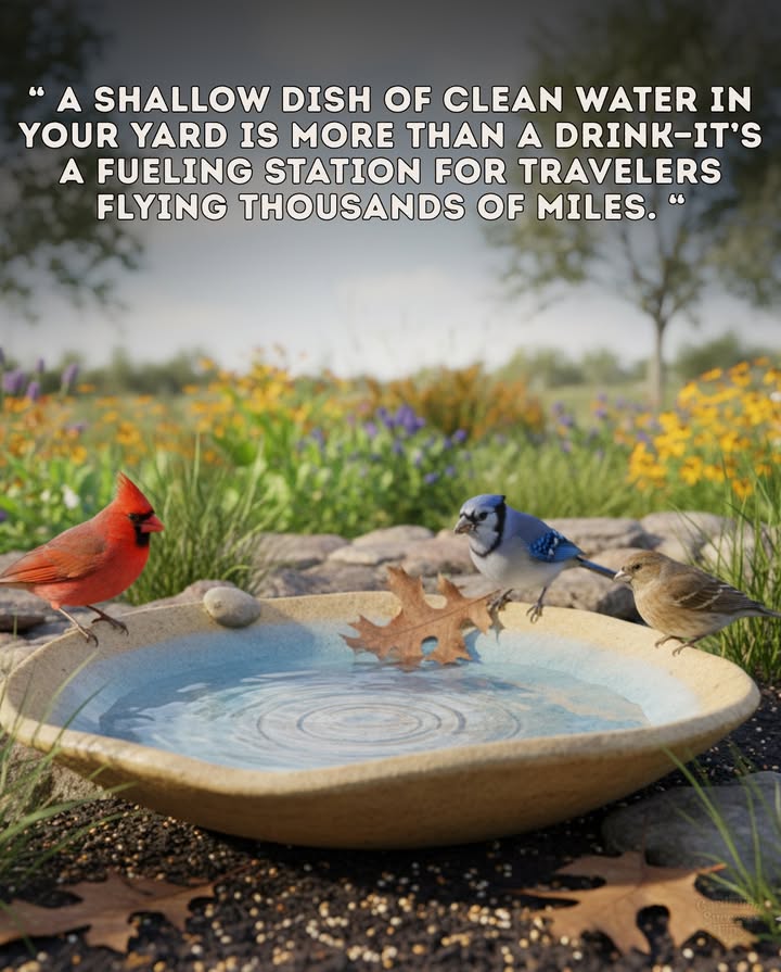 Theyre flying thousands of miles right now!  Most puddles have dried up, but you can make a difference. This fall, place a shallow dish of clean water in your yard. For migrating birds, its not just a drink; its a lifesaving pit stop on their long journey.