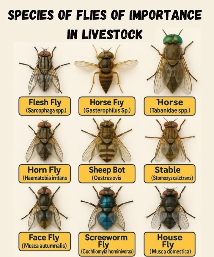 Species of Flies of Importance in Livestock
1. Flesh Fly Sarcophaga spp.

Known for being a nuisance to livestock, the flesh fly is often involved in the spread of diseases and infections.

2. Horse Fly Gasterophilus sp.

These flies are particularly troublesome for horses and can cause stress, irritation, and even transmission of diseases.

3. Horse Fly Tabanidae spp.

Another common pest for horses, known to bite and cause pain, leading to infection and even a decrease in productivity.

4. Horn Fly Haematobia irritans

Horn flies primarily target cattle, causing skin irritation, reduced weight gain, and a potential decrease in milk production.

5. Sheep Bot Oestrus ovis

This fly targets sheep and causes botfly larvae to infest the nasal cavity, leading to irritation, possible infection, and health decline.

6. Stable Fly Stomoxys calcitrans

Stable flies feed on the blood of cattle, horses, and other livestock. They can significantly impact the overall health of animals, causing stress and anemia.

7. Face Fly Musca autumnalis

These flies are a common problem for cattle and are known for transmitting pinkeye, a contagious eye disease.

8. Screwworm Fly Cochliomyia hominivorax

Screwworm flies cause serious damage to livestock by laying eggs in open wounds, leading to severe infections and even death if untreated.

9. House Fly Musca domestica

House flies may not directly harm animals, but they can spread diseases and act as vectors for pathogens, which could lead to infections in livestock.

Fly control is essential for maintaining healthy livestock, as these pests can cause a variety of health issues and economic losses. Knowing which species to look out for can help with better management strategies.