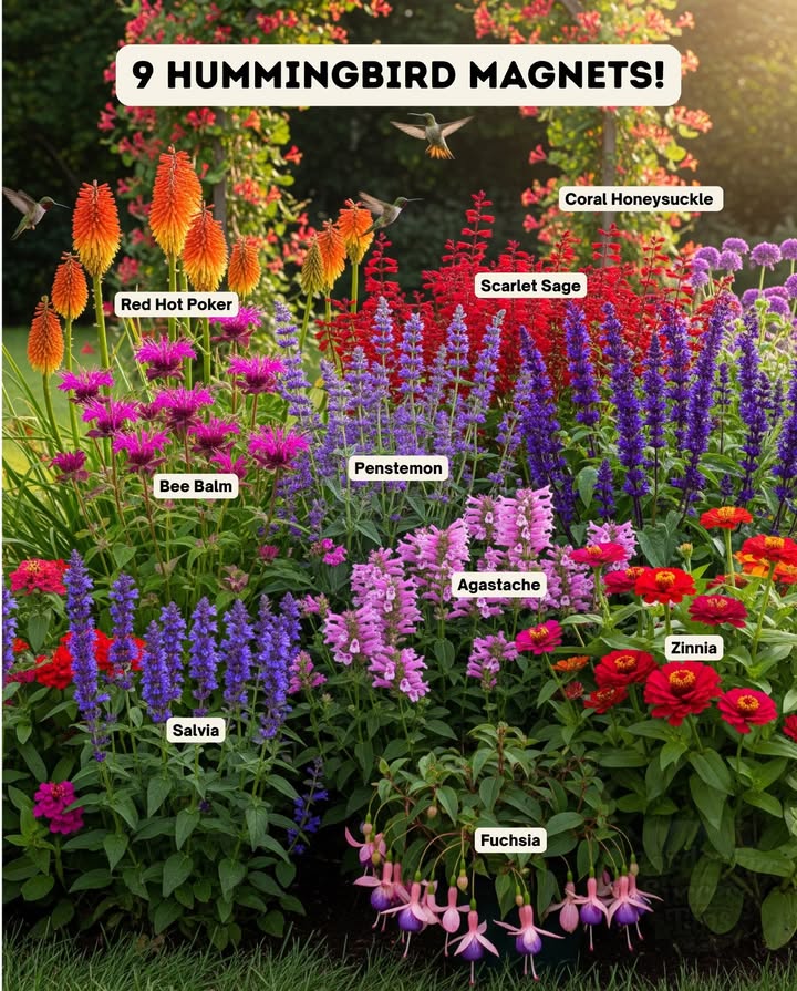 Bring your garden to life with color, movement, and that magical hum of tiny wings. These blooms are rich in nectar and irresistible to hummingbirds all season long.

 Bee Balm Monarda  Zones 49, vibrant red or pink clusters; pollinator favorite.
 Salvia Salvia spp.  Zones 510, long blooming spikes packed with nectar.
 Zinnia Zinnia elegans  Zones 310, annuals that love sun and attract hummingbirds nonstop.
 Fuchsia Fuchsia hybrids  Zones 710, pendulous flowers perfect for hanging baskets.
 Penstemon Penstemon spp.  Zones 39, tubular blooms in pink, purple, and red.
 Agastache Hyssop  Zones 510, fragrant spikes loved by hummingbirds and bees.
 Red Hot Poker Kniphofia uvaria  Zones 59, bold orange-red torches that bloom midsummer.
 Scarlet Sage Salvia splendens  Zones 911, bright red annual with continuous blooms.
 Coral Honeysuckle Lonicera sempervirens  Zones 49, native vine with trumpet-shaped flowers.

 Tip: Plant in clusters for easier feeding  hummingbirds return daily to spots rich with color and nectar.