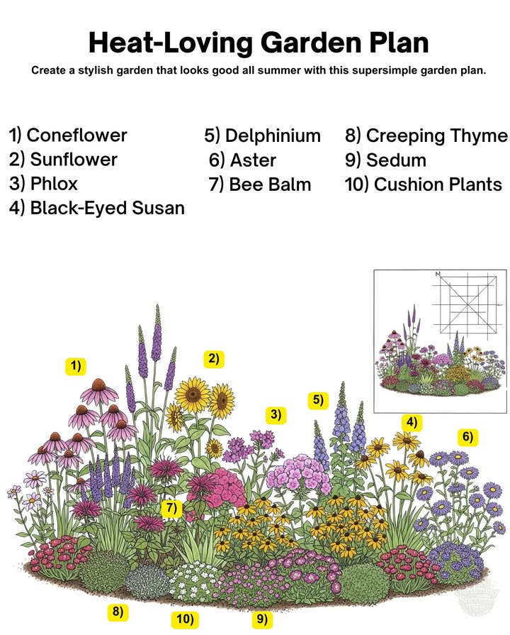 Heat-Loving Garden Plan
This layout thrives in hot summers and keeps color going all season. Perfect for zones 411 with a mix of bold blooms and pollinator favorites.