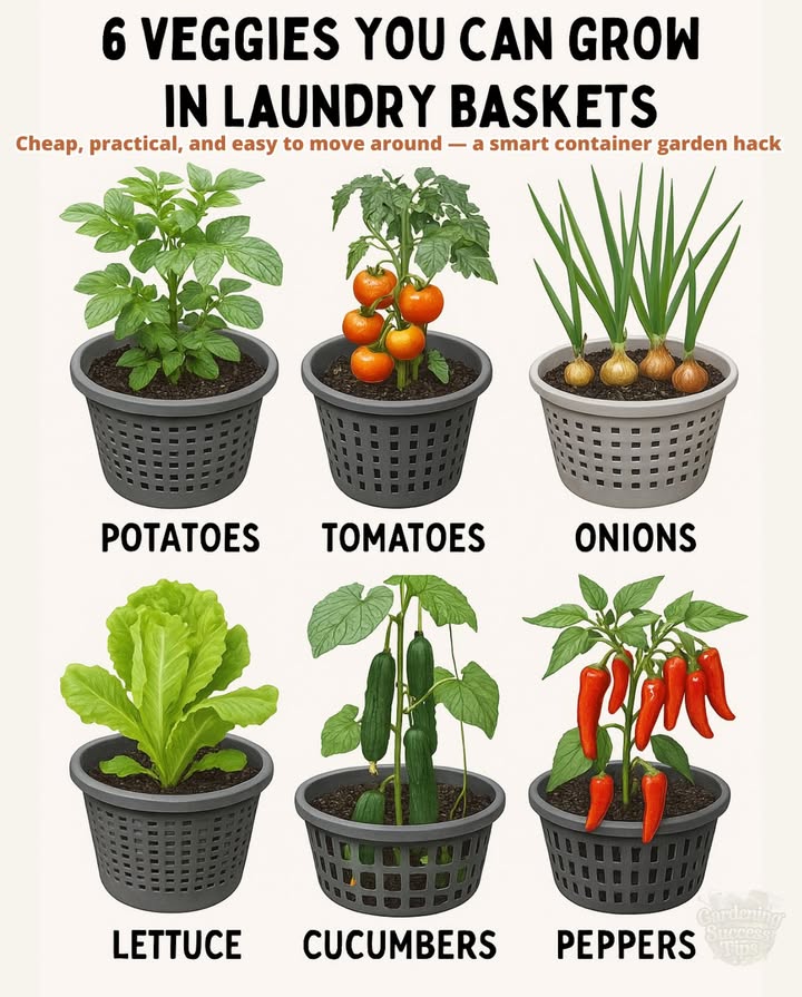 狀 Laundry baskets make surprisingly great grow containers!
1. They provide excellent drainage and root space
2. Ideal for deep crops like potatoes and onions
3. Tomatoes and peppers thrive when staked and well-watered
4. Leafy greens like lettuce and cucumbers love the airflow

Cheap, practical, and easy to move around  a smart container garden hack