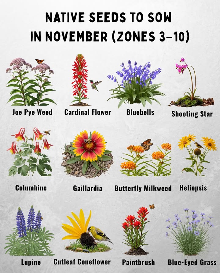 12 Native Plant Seeds to Sow in November
Cold nights help native seeds break dormancy  scatter, press lightly, and let frost do the rest. 

 Joe Pye Weed  Zones 49  Full sun  part shade
Tall, moisture-loving blooms for butterflies and rain gardens.

 Cardinal Flower  Zones 39  Full sun  part shade
Scarlet spikes that lure hummingbirds; loves damp soil.

 Bluebells  Zones 37  Partial shade
Soft blue nodding bells; perfect for woodlands and streamsides.

 Shooting Star  Zones 48  Partial shade
Early spring bloomer with upward petals; thrives in humus-rich soil.

 Columbine  Zones 38  Part sun
Graceful, long-spurred flowers in red, yellow, or blue.

 Gaillardia Blanket Flower  Zones 39  Full sun
Red-and-gold daisies; heat- and drought-tolerant.

 Butterfly Milkweed  Zones 310  Full sun
Monarch host plant; orange blooms thrive in sandy soil.

 Heliopsis False Sunflower  Zones 39  Full sun  part shade
Golden blooms that feed bees and finches.

 Lupine  Zones 38  Full sun  part shade
Nitrogen-fixer with tall spires of blue and pink blooms.

 Cutleaf Coneflower  Zones 39  Full sun  part shade
Bright yellow flowers; leave seedheads for goldfinches.

 Indian Paintbrush  Zones 48  Full sun  part shade
Fiery red brushes; reseeds easily after cold exposure.

 Blue-Eyed Grass  Zones 49  Full sun
Grasslike foliage with tiny violet-blue stars.