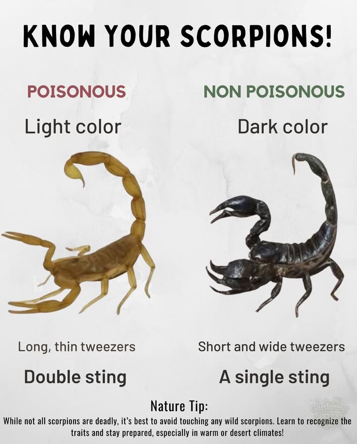 廬 Know Your Scorpions! Poisonous vs Non-Poisonous  Heres How to Tell the Difference
 POISONOUS SCORPIONS
 Signs to Watch For:
 Light Color  Usually yellow or pale
 Long, Thin Claws Tweezers  Built more for venom, not strength
 Double Sting  Can deliver multiple strikes
 These scorpions rely on venom to subdue prey, and their sting can be medically significant.
 Avoid close contact! Seek medical help if stung.
 NON-POISONOUS SCORPIONS
 Less Dangerous Features:
 Dark Color  Typically black or brown
 Short, Thick Claws  Strong pincers used to crush prey
 Single Sting  Less venomous and rarely harmful to humans
 These scorpions rely more on physical strength than venom.
律 No need to panic  but still avoid handling.
 Nature Tip:
While not all scorpions are deadly, its best to avoid touching any wild scorpions. Learn to recognize the traits and stay prepared, especially in warm or desert climates!