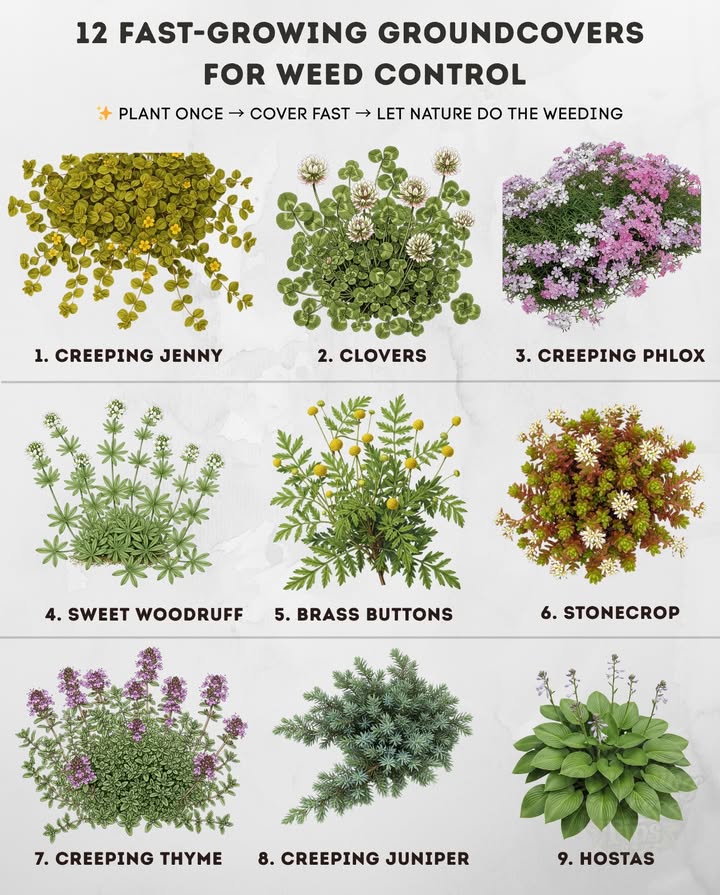 Let flowers fight the weed battle for you  these fast-spreading plants cover bare soil, crowd out weeds, and keep your garden lush year-round.

 Creeping Jenny Lysimachia nummularia  Zones 310  Full sun to part shade
Golden carpet that thrives in moist spots.

 Bugleweed Ajuga reptans  Zones 410  Full sun to shade
Glossy leaves and purple blooms that form dense mats.

 Creeping Phlox Phlox stolonifera  Zones 48  Full sun
Spring color in pinks, blues, and whites.

 Stonecrop Sedum album  Zones 310  Full sun
Drought-tolerant and perfect for rocky or poor soil.

 Sweet Woodruff Galium odoratum  Zones 48  Shade to part shade
Fragrant groundcover that softens shady spaces.

 Brass Buttons Cotula coronopifolia  Zones 510  Full sun
Tiny golden buttons that love warmth and dry soil.

 Creeping Thyme Thymus serpyllum  Zones 28  Full sun
Aromatic purple blooms and bee-friendly charm.

 Creeping Juniper Juniperus horizontalis  Zones 27  Full sun
Evergreen needles  excellent for slopes and erosion control.

 Periwinkle Vinca minor  Zones 39  Part shade
Shiny leaves with violet-blue flowers, fast to fill space.

 Hostas Hosta spp.  Zones 27  Shade
Lush, broad leaves that blanket shady ground.

 Clovers Trifolium spp.  Zones 210  Full sun
Soil-enriching and naturally weed-suppressing.

 Dichondra Dichondra repens  Zones 811  Full sun to part shade
Soft, round leaves forming a lush green mat.

 Tip: Combine shade and sun lovers to create natural layers of living mulch  natures best weed control.
