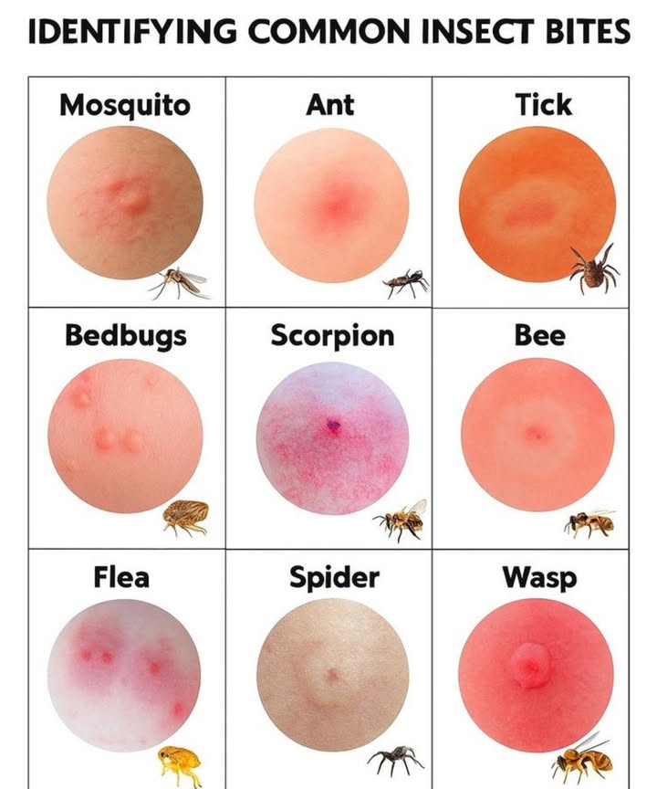 Identifying Common Insect Bites

烈 Mosquito Bite: Small, raised bump often with redness and itching.

 Ant Bite: Redness and swelling at the site of the bite, usually with a burning sensation.

 Tick Bite: A round, red spot with a clear center, sometimes with a rash.

 Bedbug Bite: Small, red, itchy welts in clusters or rows.

廬 Scorpion Sting: A raised, reddish bump with pain or swelling.

 Bee Sting: A sharp, painful spot with a red welt and possible swelling.

 Flea Bite: Multiple bites in a cluster, with red rings and intense itching.

 Spider Bite: Small, round, red bump with minimal swelling.

 Wasp Sting: A painful, red bump that may expand or become inflamed.

Know what to look for, and protect yourself from these common insect bites!