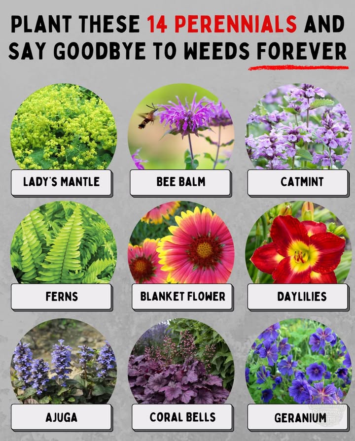 14 Perennials That Crowd Out Weeds Naturally! 
Tired of weeding… Let these beauties handle it while looking great all season:

1. Hosta  Shade-loving giant  
2. Daylily  Sun-tough bloomer  
3. Lambs Ear  Soft carpet for dry spots  
4. Black-Eyed Susan  Bright & bold  
5. Hardy Geranium  Fills gaps fast  
6. Coral Bells  Colorful, low effort  
7. Sedum  Thrives on neglect  
8. Ajuga  Spreads fast, even in pavers  
9. Coneflower  Pollinator favorite  
10. Ferns  Elegant in shady corners  
11. Bee Balm  Hummingbird favorite  
12. Japanese Forest Grass  Stylish cover  
13. Catmint  Fragrant and lush  
14. Ladys Mantle  Fast cover with soft leaves  

 Pro Tip: Add mulch once and let these plants take over. Less weeding, more beauty!