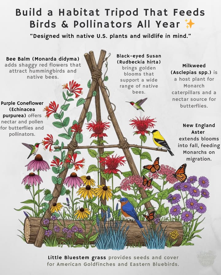 Turn a simple tripod into a mini sanctuary for wildlife in your garden!
 Ideal for Zones 49, fill it with:

– Coral Honeysuckle: Attracts Ruby-throated Hummingbirds. 
– Bee Balm: Draws native bees and butterflies.
– Purple Coneflower: Supports pollinators and Monarchs.
– Milkweed: Hosts Monarch caterpillars & nectar for butterflies.
– Little Bluestem Grass: Provides seeds and cover for goldfinches and bluebirds.

Create a thriving garden that offers food, shelter, and protection year-round!  #WildlifeGarden #PollinatorFriendly