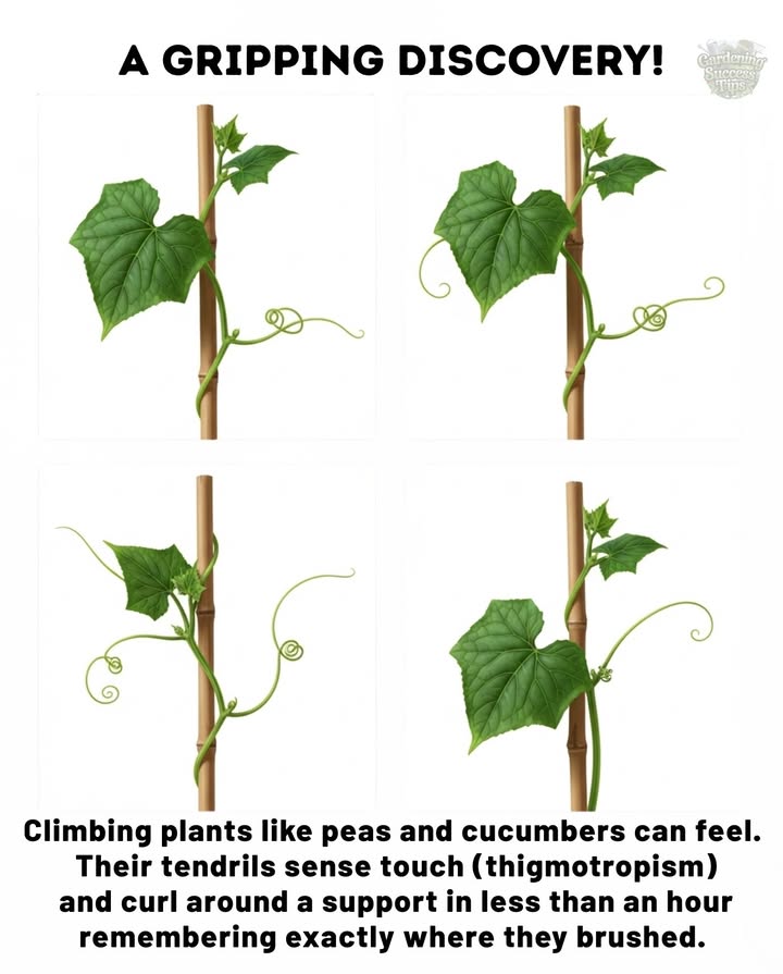 A Gripping Discovery 
 Climbing plants like peas and cucumbers use thigmotropism  their tendrils sense touch.
 They curl tightly around supports in less than an hour.
 Tendrils remember exactly where they brushed, helping plants climb efficiently.