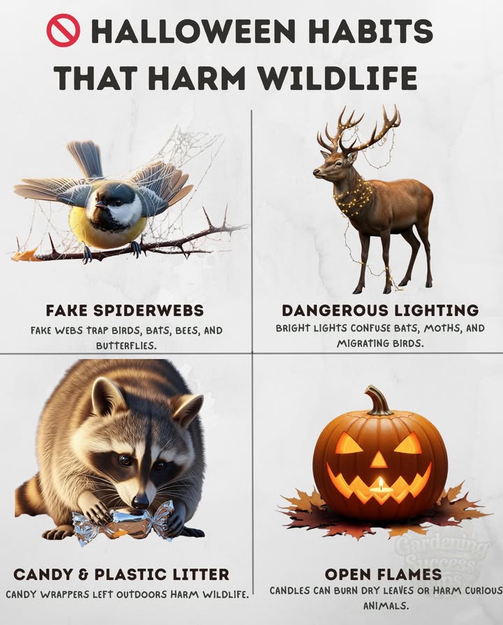 Its easy to get caught up in spooky fun, but some decorations and treats can harm our wildlife.

 Fake Spiderwebs: Birds and bats can get trapped.
 Bright Lights: Harsh lights confuse migrating creatures. Keep it soft and minimal.
 Candy Wrappers: A tiny wrapper can choke or poison animals. Always clean up after trick-or-treating.
 Open Flames: Candles can cause fires or hurt wandering animals.

Celebrate a safe and magical Halloween while caring for our night-time neighbors! 黎

#WildlifeFriendly #HalloweenGarden #SpookySeason