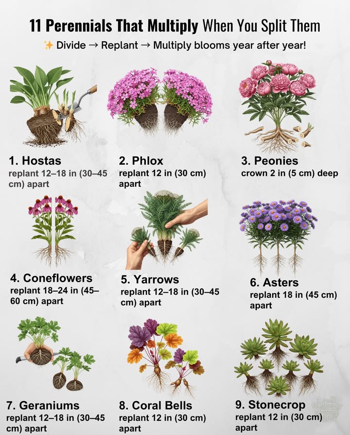 11 Easy-To-Divide Perennials That Multiply Your Blooms 
 Hostas  Split in spring/fall; replant 1218 in 3045 cm apart
 Phlox  Divide roots; replant 12 in 30 cm apart
 Peonies  Fall division; crown 2 in 5 cm deep
 Coneflowers  Split clumps; replant 1824 in 4560 cm apart
 Yarrows  Separate clusters; replant 1218 in 3045 cm apart
 Asters  Divide in spring; replant 18 in 45 cm apart
 Geraniums Cranesbill  Pull/slice clumps; replant 1218 in 3045 cm apart
 Coral Bells Heuchera  Split roots; replant 12 in 30 cm apart
 Blanket Flowers  Divide in spring; replant 1215 in 3038 cm apart
 Catmint  Divide 34 sections; replant 18 in 45 cm apart
 Stonecrop Sedum  Cut into pieces; replant 12 in 30 cm apart

 Divide  Replant  Multiply blooms year after year!