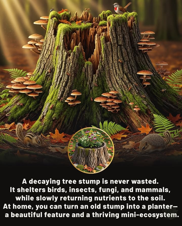 A fallen tree is never wasted. It becomes a hub of biodiversity, sheltering birds, insects, fungi, and small mammals while enriching the soil. 

At home, get inspired! Transform an old stump into a natural planter filled with soil, wildflowers, or ferns for a beautiful mini-ecosystem. 曆

Nature reminds usevery ending grows into a new beginning.