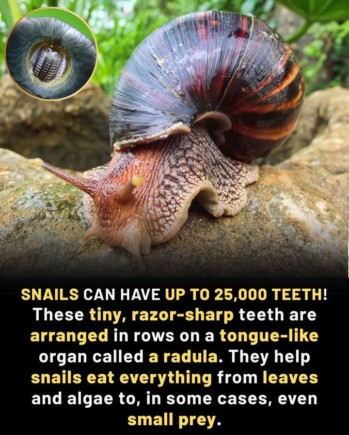 Snails: Tiny Bodies, Serious Bite
Slow movers with one of natures most efficient tools.

 Equipped with a radulacovered in up to 25,000 teeth
 Teeth work like ultra-fine sandpaper to grind food
 Scrape leaves, algae, and vegetation with precision
 Carnivorous snails can pierce prey using the radula
 No chewingjust efficient scraping and digestion
 A feeding system unmatched in the animal kingdom

醴 Microscopic tools, massive impact