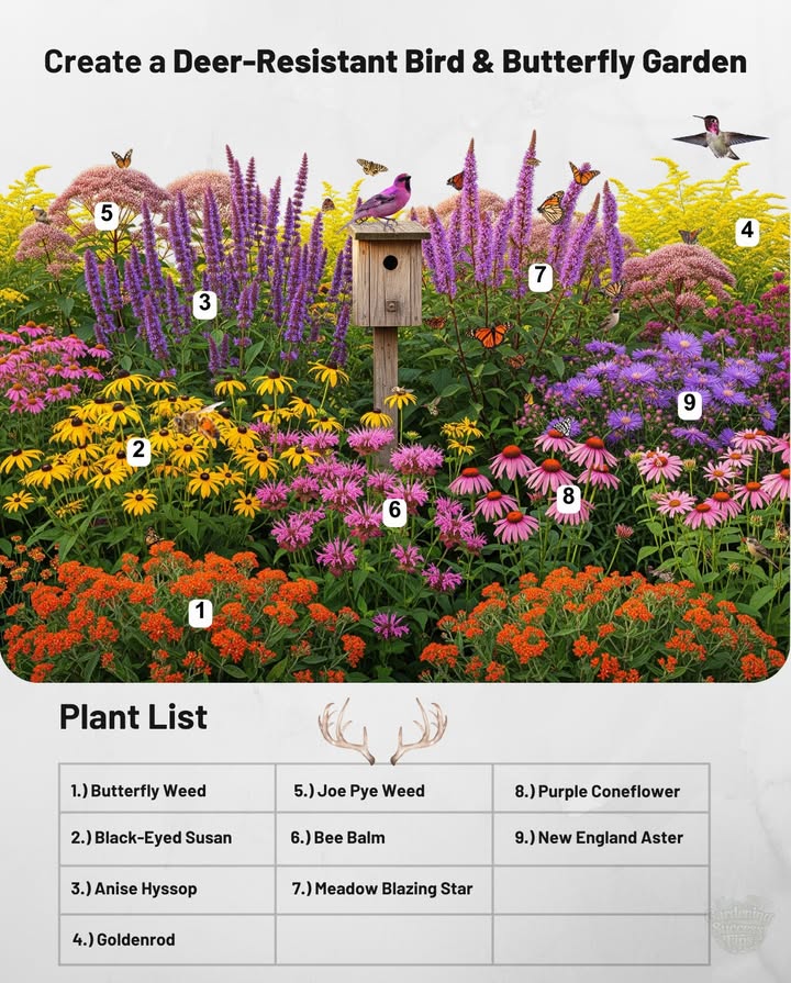曆 No-Fuss Bird & Butterfly Garden Deer-Resistant Edition
Plant these native perennials together for a colorful, low-maintenance sanctuary that blooms spring through fall:

 Butterfly Weed Asclepias tuberosa, Zones 39  Monarch host plant
 Black-Eyed Susan Rudbeckia hirta, Zones 39  bright blooms for birds & butterflies
 Anise Hyssop Agastache foeniculum, Zones 49  long-blooming pollinator favorite
 Bee Balm Monarda fistulosa, Zones 49  hummingbird & butterfly magnet
 Meadow Blazing Star Liatris ligulistylis, Zones 38  irresistible to Monarchs
 Purple Coneflower Echinacea purpurea, Zones 39  nectar  seeds for finches
 New England Aster Symphyotrichum novae-angliae, Zones 48  fall nectar source
 Joe Pye Weed Eutrochium purpureum, Zones 49  butterfly favorite
 Goldenrod Solidago spp., Zones 39  vital late-season nectar

 Native, tough, and deer-resistantperfect for a thriving bird and butterfly garden.