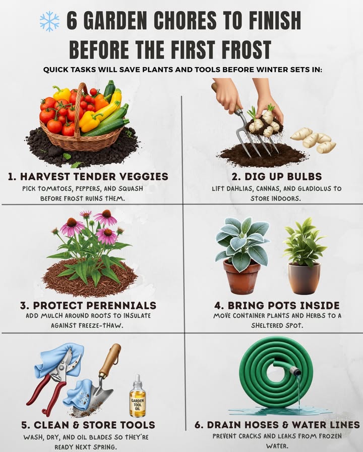 Winter may still feel far away, but frost can sneak up fast depending on your zone. Get these done while the days are still mild:
1. Harvest Tender Veggies
 Zones 36  Pick before mid-October
 Zones 79  You have until late fall, but keep an eye on night temps.
2. Dig Up Bulbs Dahlias, Cannas, Gladiolus
 Zones 37  Lift and store indoors.
 Zones 89  Usually safe to leave in the ground with mulch.

3. Protect Perennials
 Zones 35  Mulch 34 inches after first freeze.
 Zones 69  12 inches is plenty.
4. Bring Pots Inside
 Zones 37  Move herbs, succulents, and tender plants indoors now.
 Zones 89  Just shelter from heavy rain or cool winds.
5. Clean & Store Tools
 All Zones  Wash, dry, oil blades. Prevents rust over winter.
6. Drain Hoses & Water Lines
 Zones 36  Essential before first hard freeze.
 Zones 79  Still smart, but less urgent.
7. Plant Garlic & Spring Bulbs
 Zones 35  Get them in by early October.
 Zones 69  You can plant into late fall.

 Tailor the timing to your zone  smooth spring start guaranteed.