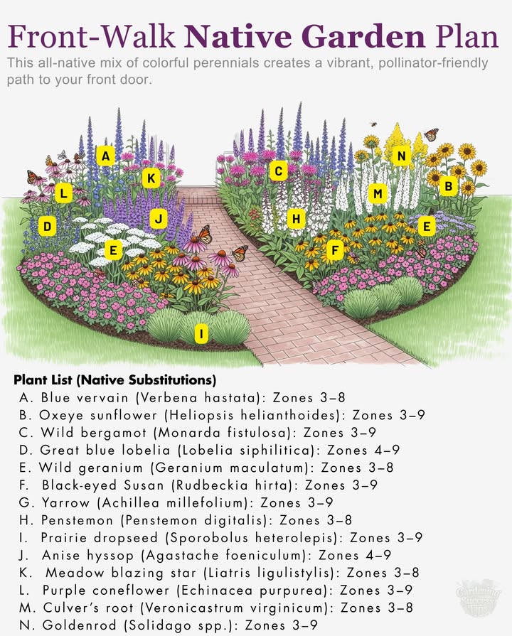 Front-Walk Native Garden Plan 
Create a vibrant, pollinator-friendly path with these native perennials:

 Blue Vervain Verbena hastata  Zones 38
Attracts butterflies & supports native bees.

 Oxeye Sunflower Heliopsis helianthoides  Zones 39
Cheerful yellow blooms, great for pollinators.

 Wild Bergamot Monarda fistulosa  Zones 39
Fragrant flowers loved by hummingbirds & bees.

 Great Blue Lobelia Lobelia siphilitica  Zones 49
Tall spikes of blue flowers, thrives in moist soil.

 Wild Geranium Geranium maculatum  Zones 38
Soft pink blooms, spring nectar source.

 Black-eyed Susan Rudbeckia hirta  Zones 39
Long-blooming, attracts butterflies & birds.

 Yarrow Achillea millefolium  Zones 39
Medicinal & pollinator-friendly with flat clusters.

 Penstemon Penstemon digitalis  Zones 38
Tall white blooms, attracts hummingbirds.

 Prairie Dropseed Sporobolus heterolepis  Zones 39
Graceful native grass, adds movement & texture.

 Anise Hyssop Agastache foeniculum  Zones 49
Licorice-scented leaves, pollinator magnet.

 Meadow Blazing Star Liatris ligulistylis  Zones 38
Monarch butterfly favorite with tall purple spikes.

 Purple Coneflower Echinacea purpurea  Zones 39
Nectar in summer, seeds for birds in fall.

 Culvers Root Veronicastrum virginicum  Zones 38
Tall, elegant white spikes, late-season nectar.

 Goldenrod Solidago spp.  Zones 39
Vital fall nectar source for pollinators.