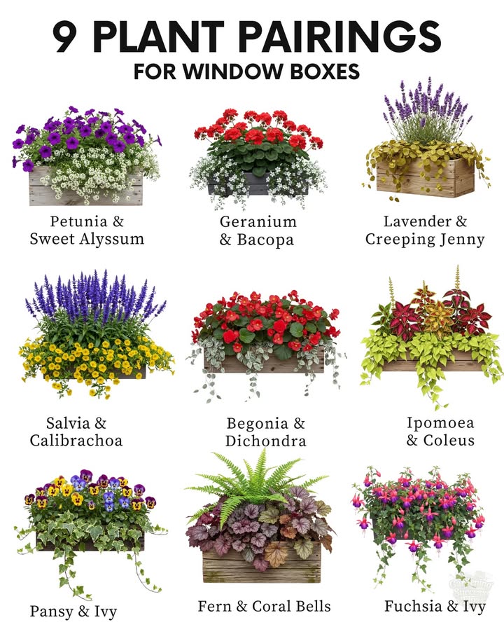 Window Box Inspiration 
 Petunia & Sweet Alyssum  Zones 211 annuals in most regions
 Geranium & Bacopa  Zones 911 often grown as annuals elsewhere
 Lavender & Creeping Jenny  Zones 49
 Salvia & Calibrachoa  Zones 911 salvia perennial in Zones 810
 Begonia & Dichondra  Zones 911 annuals in cooler areas
 Ipomoea & Coleus  Zones 1011 warm-season annuals elsewhere
 Pansy & Ivy  Pansy Zones 710 cool season, Ivy Zones 49
 Fern & Coral Bells  Fern varies, 39, Coral Bells Zones 49
 Fuchsia & Ivy  Fuchsia Zones 1011 annual in most zones, Ivy Zones 49

 Pair bloomers with trailing plants for depth, contrast, and all-season charm.