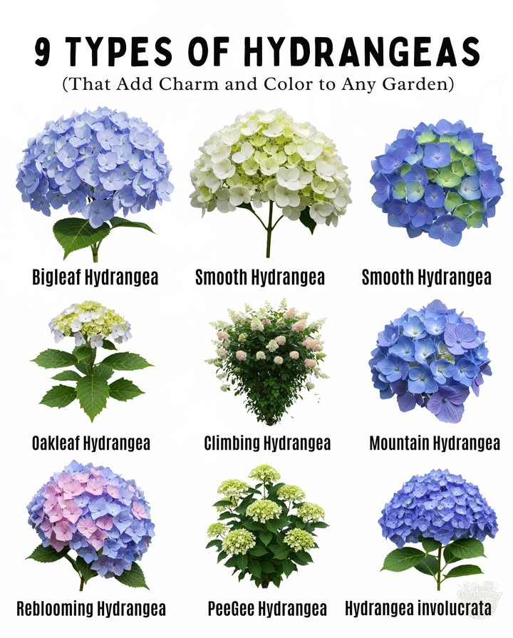 9 Types of Hydrangeas Youll Love in Your Garden

1. Bigleaf Hydrangea: Bold blue, pink, or purple blooms based on soil pH.  
2. Panicle Hydrangea: Cone-shaped flowers turn from white to pink; very cold-hardy!   
3. Smooth Hydrangea: Huge white blooms, great for shade; native to the U.S.  
4. Oakleaf Hydrangea: Unique leaves, rich fall color; blooms all summer long.  
5. Climbing Hydrangea: Vining variety with lacey white bloomsperfect for trellises!   
6. Mountain Hydrangea: Compact Bigleaf, ideal for pots and small gardens.  
7. Reblooming Hydrangea: Varieties like Endless Summer bloom on old and new wood.   
8. PeeGee Hydrangea: Classic panicle type; can be pruned into tree form.  
9. Japanese Hydrangea: Fuzzy buds with soft lavender-blue blooms.  

 Most hydrangeas prefer morning sun and afternoon shade!