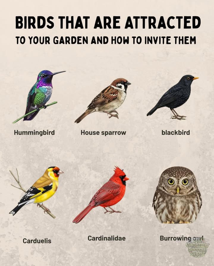 Birds that are Attracted to Your Garden and How to Invite Them   
Birds not only fill your garden with life and color, but they also help control pests and pollinate plants. 曆 If you want more birds to visit your garden, here are 6 common species that may come if you create an ideal space for them.   

1. Hummingbirds Trochilidae   
 Why they are important: They pollinate flowers and assist in the reproduction of many plants.  
 How to attract them: Plant brightly colored flowers such as lavender, sage, petunias, and bougainvillea.   
 Tip: You can place feeders with sugar water without colorants to encourage them to visit more often. 遼  

2. Sparrows Passer domesticus   
 Why they are important: They control pests by feeding on insects and seeds.  
 How to attract them: Have dense bushes or vines where they can nest and offer them natural seeds.   
 Fun fact: Sparrows are one of the most adaptable birds and can live in almost any environment.  

3. Blackbirds Turdus merula   
 Why they are important: They eat worms, snails, and harmful insects for plants.  
 How to attract them: Leave areas with dry leaves and keep the soil moist. They also love ripe fruit.   
 Fun fact: They have a melodious song and are great sound imitators.   

4. Goldfinches Spinus sp.   
 Why they are important: They feed on weed seeds, preventing them from spreading excessively.  
 How to attract them: Plant sunflowers, dandelions, or place feeders with chia seeds or canary seed. 樂  
 Fun fact: Their song is very cheerful, and you can often see them in groups fluttering around gardens.  

5. Cardinals Cardinalis cardinalis   
 Why they are important: They consume insects and fruits, helping with seed dispersal.  
 How to attract them: Grow berry shrubs like holly or barberry and provide water sources.   
 Fun fact: The male has bright red plumage, while the female is more muted but equally beautiful.  

6. Little Owls Athene sp. 黎  
 Why they are important: They are nocturnal hunters that help control rodents in the garden.   
 How to attract them: Keep tall trees or install nesting boxes in quiet areas.   
 Fun fact: Although you may not see them easily, you might hear them hooting at night.  

 How to Make Your Garden a Paradise for Birds   
 Place feeders with seeds, fruits, and natural nectar. 樂  
 Create water sources for them to drink and bathe in.   
 Plant native plants that provide food and shelter for them.   
 Avoid pesticides to protect birds and their natural prey. 聯  

 Inviting birds to your garden helps maintain ecological balance and beautifies your natural space.