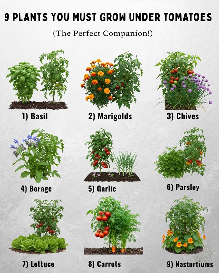 Tomatoes  these 9 plants = less pests, more harvest 
 Basil  Boosts flavor & repels pests
 Marigolds  Deters nematodes & aphids
 Chives  Repels aphids and improves growth
 Borage  Attracts pollinators, deters tomato hornworms
 Garlic  Natural pest control for spider mites & more
 Parsley  Attracts beneficial predatory insects
 Lettuce  Provides ground cover & moisture retention
 Carrots  Utilize root space efficiently
 Nasturtiums  Trap crop for aphids & whiteflies

 Companion planting reduces pests, saves space, and boosts your tomato yield!