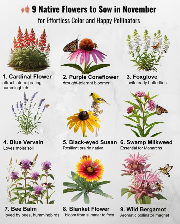 Fall might feel like gardening seasons big finale, but its actually the perfect time to sow these native flower seeds…
 Full sun  partial shade  Fall sowing ensures natural cold stratification

 Cardinal Flower Lobelia cardinalis  Zones 39
Brilliant scarlet spikes attracting late-migrating hummingbirds; thrives in moist soil.

 Purple Coneflower Echinacea purpurea  Zones 49
Cold-hardy, drought-tolerant bloomer; fall sowing improves germination.

 Foxglove Beardtongue Penstemon digitalis  Zones 38
White spires for early butterflies; direct sow in late fall for strong roots.

 Blue Vervain Verbena hastata  Zones 38
Violet-blue blooms loved by pollinators; prefers moist soil and winter chill.

 Black-eyed Susan Rudbeckia hirta  Zones 39
Tough prairie native that self-seeds easily and brightens any meadow.

 Swamp Milkweed Asclepias incarnata  Zones 36
Monarch host plant; sow before freeze to ensure spring germination.

 Bee Balm Monarda fistulosa  Zones 38
Fragrant lavender blooms; natural fall chill breaks seed dormancy.

 Blanket Flower Gaillardia aristata  Zones 310
Cold-tolerant daisy with red-and-gold petals; blooms from summer to frost.

 Wild Bergamot Monarda punctata  Zones 39
Aromatic pink-bracted beauty; perfect for fall sowing and pollinator meadows.