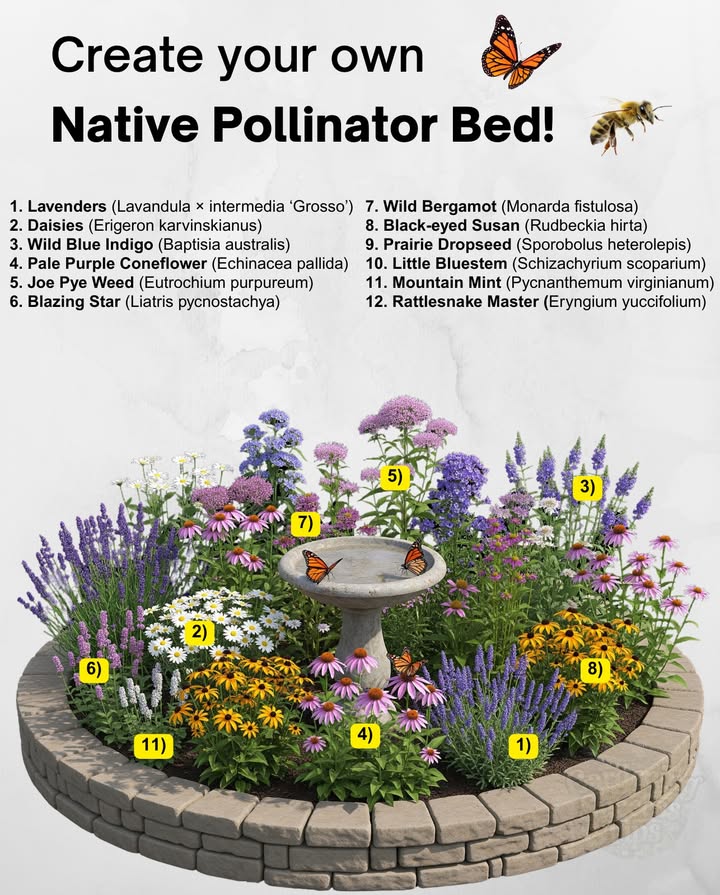 A compact, colorful garden that keeps bees, butterflies, and hummingbirds busy from spring to fall. Every plant here earns its keep  beauty, structure, and nectar in every inch.

 Lavender  Zones 59, fragrant purple spikes for bees.
 Daisies  Zones 49, cheerful whites that bloom for months.
 Wild Blue Indigo  Zones 39, deep blue flowers early in summer.
 Pale Purple Coneflower  Zones 39, soft pink petals full of nectar.
 Joe Pye Weed  Zones 49, tall mauve clusters for butterflies.
 Blazing Star  Zones 39, vertical purple blooms for late color.
 Wild Bergamot  Zones 39, fragrant mauve flowers for bees  hummingbirds.
 Black-Eyed Susan  Zones 39, golden daisies that fill gaps with warmth.
 Mountain Mint  Zones 38, silver leaves and tiny blooms buzzing with life.

 Planting tip: Place taller Joe Pye Weed and Blazing Star toward the back, fill the middle with Coneflower and Bergamot, and edge with Lavender and Daisies for a soft, fragrant border.