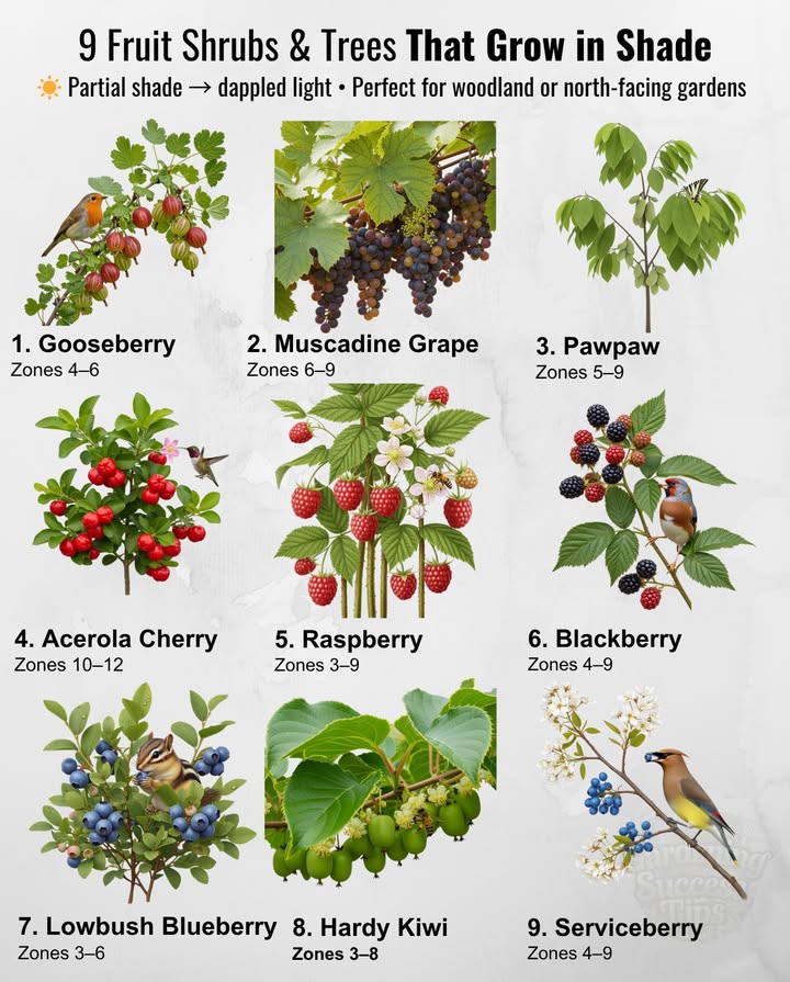 9 Fruits That Grow In Shade To Fill Even Tricky Corners Of Your Yard With Luscious Edibles: 
 Gooseberry Ribes uva-crispa  Zones 46
Sweet-tart midsummer fruit that thrives in cool, well-drained soil.

 Muscadine Grape Vitis rotundifolia  Zones 69
Southern native vine producing juicy late-summer grapes.

 Pawpaw Asimina triloba  Zones 59
Shade-loving native tree with creamy, tropical-tasting fruit.

 Acerola Cherry Malpighia emarginata  Zones 1012
Tropical cherry rich in vitamin C; ideal for containers in partial shade.

 Raspberry Rubus idaeus  Zones 39
Fast-fruiting canes that tolerate light shade and yield delicate berries.

 Blackberry Rubus fructicosus  Zones 49
Thornless, shade-tolerant varieties flourish in organic soil.

 Lowbush Blueberry Vaccinium angustifolium  Zones 36
Woodland native preferring acidic soil and cool climates.

 Hardy Kiwi Actinidia arguta  Zones 38
Cold-tolerant vine with smooth-skinned, bite-sized kiwis.

 Serviceberry Amelanchier canadensis  Zones 49
Early-spring blossoms followed by sweet, edible berriesexcellent for partial shade.
