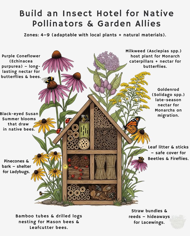 Give beneficial insects a safe place to live, nest, and thriveall while supporting your gardens health!
Zones: 49 adaptable with local plants  natural materials.

 Bamboo tubes & drilled logs  nesting sites for Mason & Leafcutter bees.
 Pinecones & bark  winter shelter for Ladybugs.
 Straw bundles & reeds  hideouts for Lacewings.
 Leaf litter & sticks  habitat for beetles & fireflies.
 Native flowers nearby  Milkweed, Coneflower, and Goldenrod keep pollinators well-fed.

 An insect hotel adds year-round biodiversity, turning your garden into a thriving ecosystem. 曆