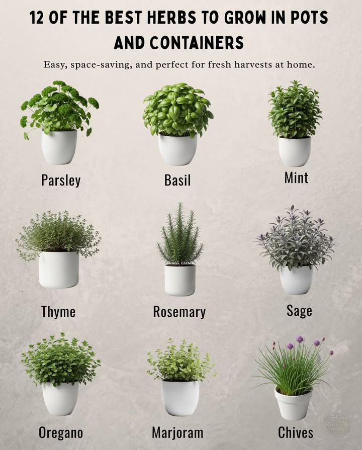 12 Best Herbs for Pots & Containers
Easy, space-saving, and perfect for fresh harvests at home.

 Basil  Annual; loves frequent trimming; ideal for Italian dishes.
 Mint  Thrives in pots to prevent spreading; fragrant & pollinator-friendly.
 Thyme  Hardy perennial; drought-tolerant with lemony aroma.
 Rosemary  Woody Mediterranean herb; prefers dry soil.
 Parsley  Biennial; grows from cuttings; shade-tolerant.
 Sage  Fragrant perennial; pest-deterrent; drought-tolerant.
 Oregano  Strong flavor; bushy habit; great for Italian cooking.
 Marjoram  Milder than oregano; easy to grow & maintain.
 Chives  Onion-like flavor; quick turnover; edible blooms.
 Dill  Tall & feathery; perfect for pickling; pest-deterrent.
 Lemon Balm  Mint family; mild lemon flavor; best contained in pots.
 Cilantro  Hardy annual; grown for leaves & coriander seeds.