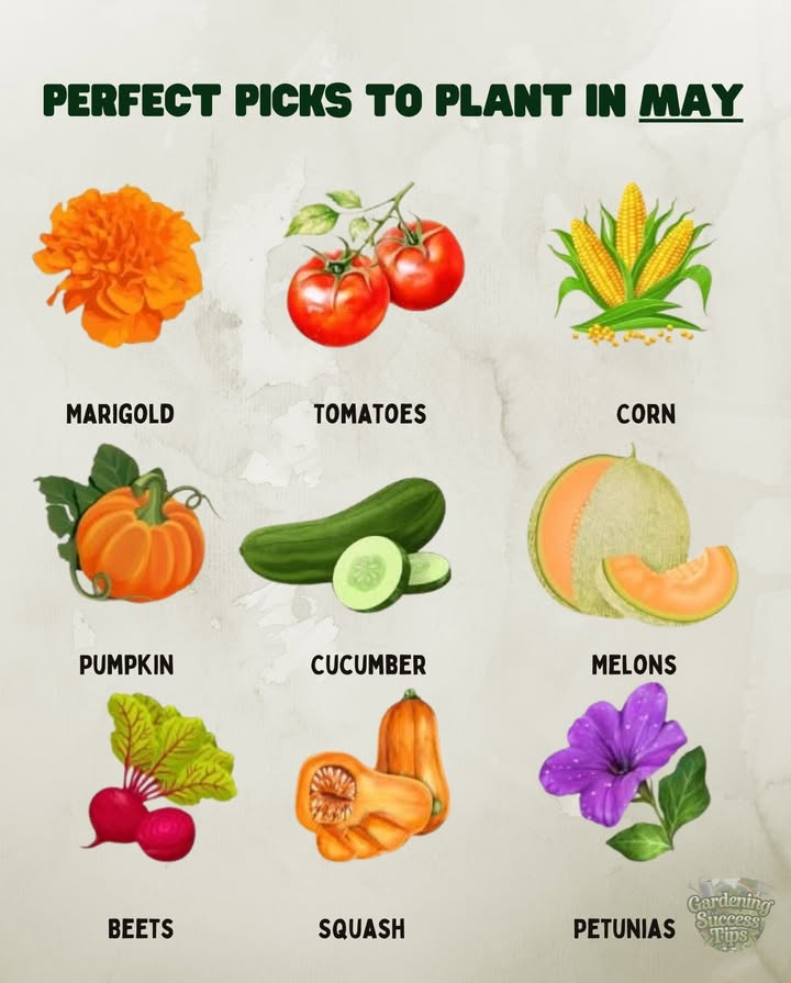 May is the month to fill gardens with life and color

 Marigold brings bright cheer and pest protection
 Tomatoes promise juicy summer harvests
勒 Cucumbers and squash spread abundance across beds
 Corn and pumpkins stretch tall under warming skies
 Melons sweeten the season with every bite
塞 Beets root quietly, adding depth and richness to the soil

A month of planting that gives back all season long