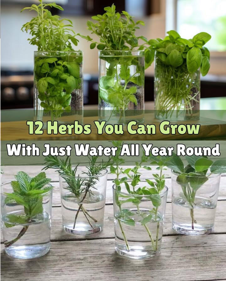 12 Herbs You Can Grow With Just Water All Year Round
1. Basil
Cutting: Take a healthy stem and place it in water.
Care: Keep in indirect sunlight; change water weekly.
2. Mint
Cutting: Use a 4-6 inch sprig and submerge the stem.
Care: Partial sunlight; change water every 3-4 days.
3. Rosemary
Cutting: Use a 6-inch woody stem.
Care: Sunny windowsill; roots appear in 2-3 weeks.
4. Cilantro
Cutting: Use 3-inch stems and place in water.
Care: Bright light; refresh water often.
5. Oregano
Cutting: Use 4-5 inch stems; remove lower leaves.
Care: Keep in sunlight; roots develop in a week.
6. Thyme
Cutting: Use green non-woody cuttings.
Care: Bright spot; change water weekly.
7. Sage
Cutting: Place stem in a jar of water.
Care: Indirect sunlight; keep leaves above water.
8. Green Onions
Root Ends: Submerge the white roots in water.
Care: Sunlight; top up water as needed.
9. Parsley
Cutting: Use 5-6 inch stems.
Care: Well-lit area; refresh water every 3 days.
10. Lemon Balm
Cutting: Use fresh sprigs and place in water.
Care: Partial sunlight; be patient for roots.
11. Stevia
Cutting: Use 4-inch stems.
Care: Bright, indirect light; change water weekly.
12. Chives
Root Ends: Place in water.
Care: Bright sunlight; regrows quickly.

Tips for Success
– Use Clean Water: Filtered or distilled is best.
–  Use Glass Jars: Easy to monitor growth.
– Keep Leaves Dry: Prevent rot by keeping leaves above water.
– Prune Regularly: Encourage new growth.

Why Grow Herbs in Water:
– Low Maintenance: No soil, no mess.
– Space-Saving: Great for windowsills and small kitchens.
– Fresh All Year: Enjoy herbs anytime, even in winter!