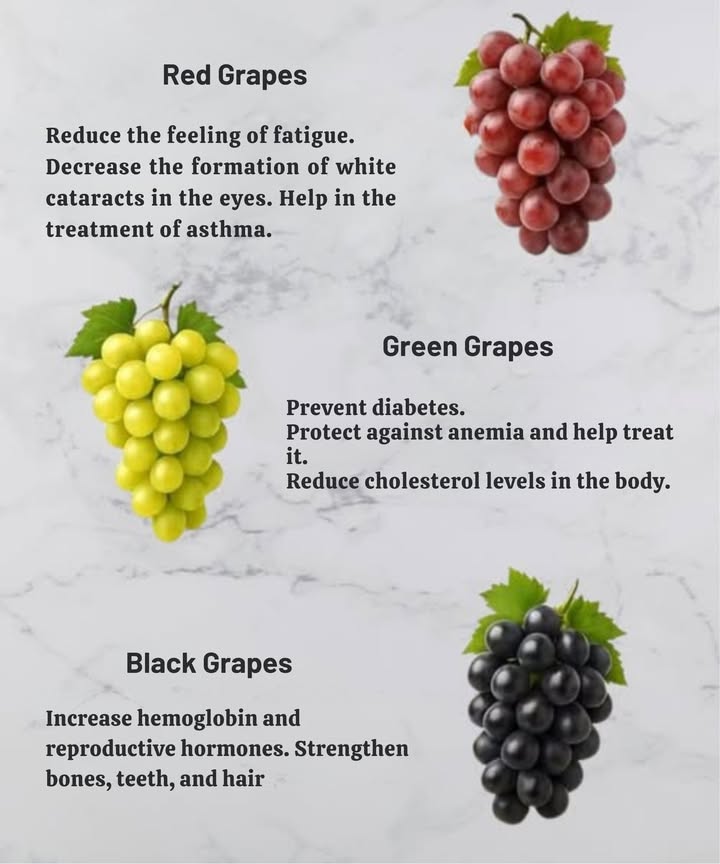 Benefits of Grapes 
 Red Grapes
 Reduce fatigue
 Reduce cataracts
 Help treat asthma
 Green Grapes
 Prevent diabetes
 Protect against anemia
 Reduce cholesterol in the body
 Black Grapes
 Increase hemoglobin and reproductive hormones
 Strengthen bones, teeth, and hair