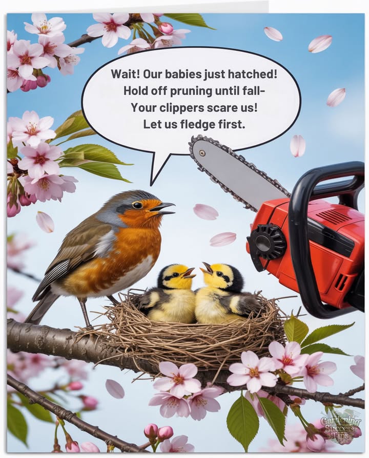 Not so fast with the pruners…

Spring is nesting season!
 Birds are raising their young in trees and shrubs right now.

 Hold off heavy pruning until fall 
Youll protect baby birds still in the nest and give them time to safely fledge.

Lets garden with wildlife, not against it.