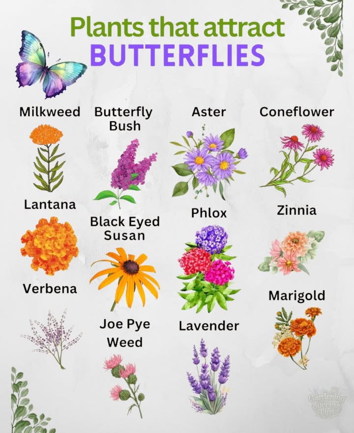 These flowers are true butterfly magnets! 曆 With their vibrant colors and nectar-rich blooms, theyll attract butterflies all season long, transforming your garden into a fluttering paradise! 

 Plant these butterfly-friendly flowers:
 Milkweed
 Butterfly Bush
 Aster
 Coneflower
 Lantana
 Black-Eyed Susan
 Phlox
 Zinnia
 Verbena
 Joe Pye Weed
 Lavender
 Marigold

Create a colorful, butterfly-friendly oasis and enjoy the magic of nature in your own backyard! 曆
