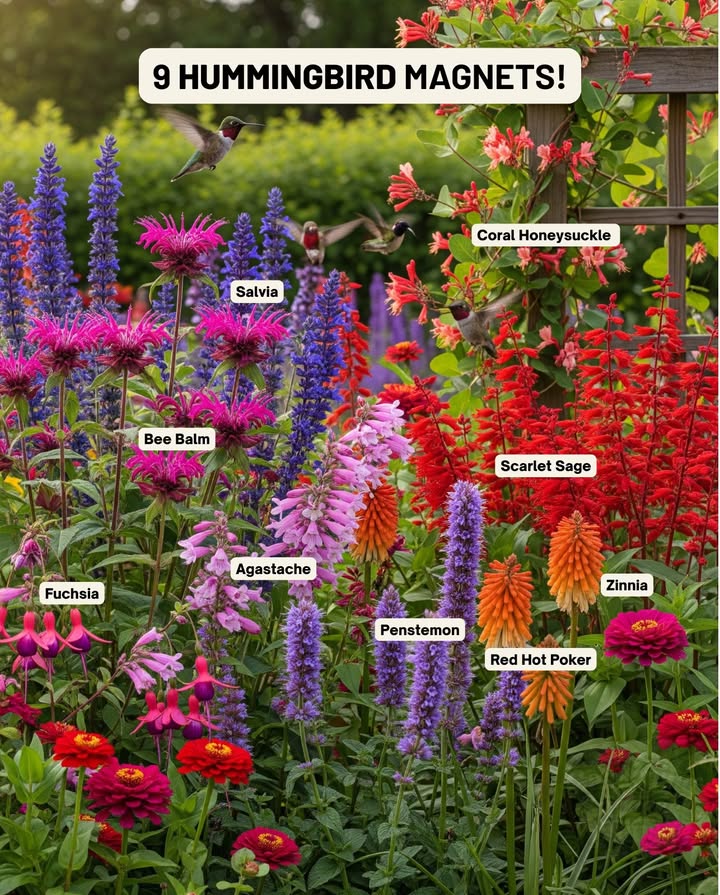 Bring your garden to life with vibrant blooms that attract hummingbirds all season long! 

 Bee Balm Monarda  Zones 49, a pollinator favorite.
 Salvia Salvia spp.  Zones 510, long-blooming nectar spikes.
 Zinnia Zinnia elegans  Zones 310, sunny annuals that lure hummingbirds.
 Fuchsia Fuchsia hybrids  Zones 710, perfect for hanging baskets.
 Penstemon Penstemon spp.  Zones 39, tubular blooms in various colors.
 Agastache Hyssop  Zones 510, fragrant spikes loved by bees and hummingbirds.
 Red Hot Poker Kniphofia uvaria  Zones 59, bold orange-red torches.
 Scarlet Sage Salvia splendens  Zones 911, bright red annuals.
 Coral Honeysuckle Lonicera sempervirens  Zones 49, native vine with trumpet-shaped flowers.

 Tip: Plant in clusters for easier feedinghummingbirds return to colorful nectar spots daily!