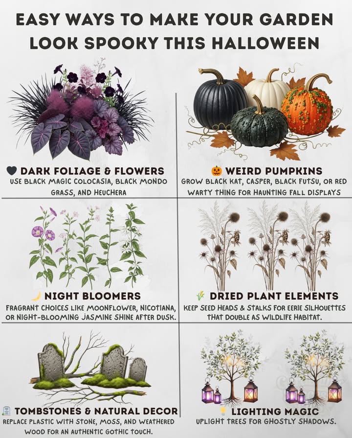 6 Easy Ways to Give Your Garden a Spooky Halloween Glow

 Dark Foliage & Flowers
 Go for moody plants like Black Magic Colocasia, Black Mondo Grass, and Heuchera Obsidian  they instantly add that witchy charm.
 A touch of Smoke Bush or deep black Petunias makes everything feel like a gothic dream.

 Weird Pumpkins
 Forget the usual orange ones  try Black Kat, Casper, Black Futsu, or the knobby Red Warty Thing for a haunting twist.
 Zones 39  Full sun

 Night Bloomers
 When the sun sets, let Moonflower, Nicotiana, or Night-Blooming Jasmine take over. Their scent and glow bring the night alive.
 Zones 811  Full to partial sun

 Dried Plant Elements
 Leave seed heads and tall stalks standing  their silhouettes look beautifully eerie and still give shelter to wildlife.
 Zones 410  Low maintenance

益 Tombstones & Natural Decor
 Skip the plastic props. Real stone, moss, and old wood tell a much better story  quiet, timeless, and a bit haunting.
 And please, no fake webs  they can trap birds and pollinators.

 Lighting Magic
 A few uplights under trees create long, ghostly shadows.
 Add flickering lanterns or warm purple-orange lights for that soft, haunted glow.

 Bonus Touch:
 Let the fallen leaves stay. Pair them with rusty pots or weathered containers for a perfectly imperfect haunted garden.

#HalloweenGarden #SpookySeason #WildlifeFriendly