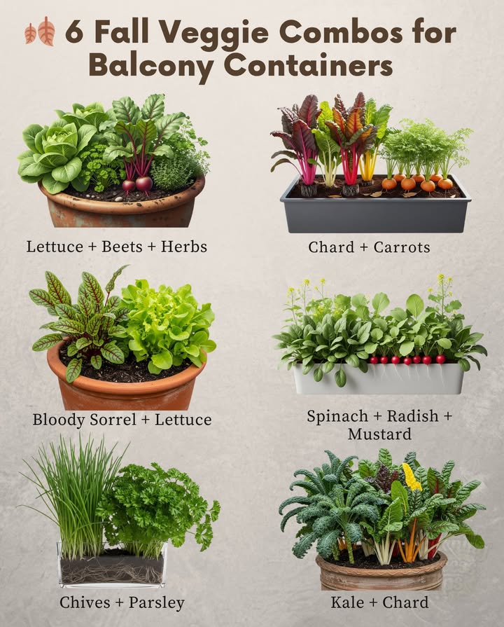 Cooler nights  shorter days make fall the season for crisp roots and tender greens. No yard neededjust pots, steady moisture, and a bit of sun.
 Setup Notes
 Container depth: 1012″ for roots
 Sun: 46 hrs daily minimum
 Water: steady moisture, not soggy
 Fertilizer: liquid feed every 23 weeks

USDA Zones by combo:
 Lettuce  Beets  Herbs  Zones 39
 Chard  Carrots  Zones 39
 Bloody Sorrel  Lettuce  Zones 59 sorrel perennial in 5, treat as annual elsewhere
 Chives  Parsley  Zones 39
 Kale  Chard  Zones 39
 Kale  Scallions  Zones 39
 Spinach  Radish  Mustard  Zones 39