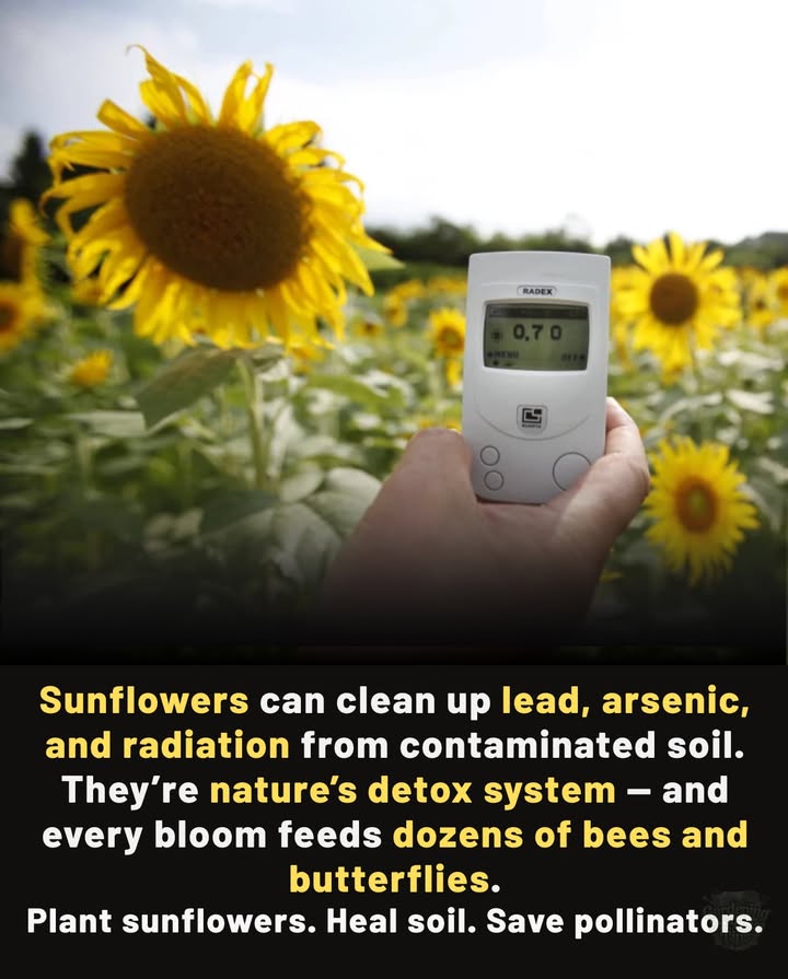Sunflowers: Natures Detox System 
 Absorb lead, arsenic, and even radiation from contaminated soil.
 Every bright bloom feeds dozens of bees and butterflies.
 Planting them heals the earth and sustains pollinators.

 Plant sunflowers. Heal soil. Save pollinators.

#NatureHeals #Sunflowers