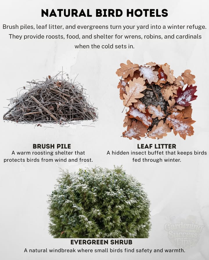 Cold nights are easier when your yard offers shelter.
Brush piles, leaf litter, and evergreens become safe havens for wrens, robins, and cardinals seeking warmth and cover.

Heres how to help:
 Stack fallen branches into a brush pile  perfect roosting shelter.
 Leave leaf litter  it hides insects, a ready buffet for hungry birds.
 Keep evergreen shrubs dense and untrimmed for wind protection.
 Avoid over-tidying; every corner left wild becomes a refuge.

Let your garden shelter life through winters quiet months.