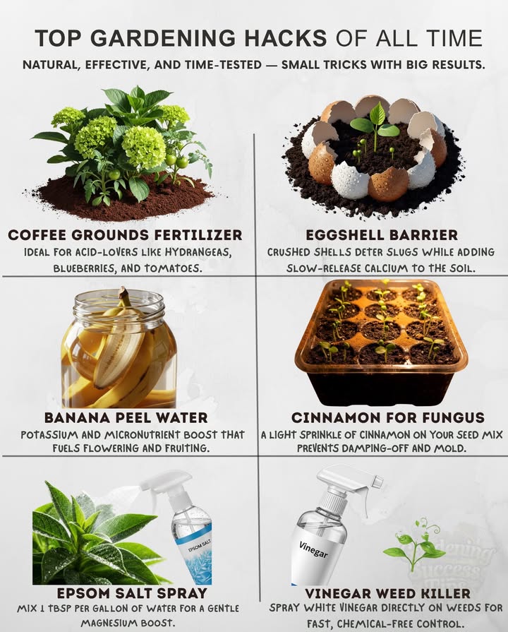 Nature provides  we just apply the wisdom.
1 Coffee Grounds: Great for acid-loving plants like hydrangeas and tomatoes. Adds nitrogenuse sparingly!   
2 Eggshells: Crushed shells deter slugs and add calcium. Perfect for young plants! 讀  
3 Banana Peels: Soak in water for 24 hours to boost potassium for flowering.   
4 Cinnamon: Sprinkle on seed mix to prevent mold. Safe and aromatic!   
5 Epsom Salt: Mix 1 tbsp per gallon of water for greener leaves and stronger roots.   
6 Vinegar: Spray on weeds for a fast, natural solution. Avoid plant leaves!