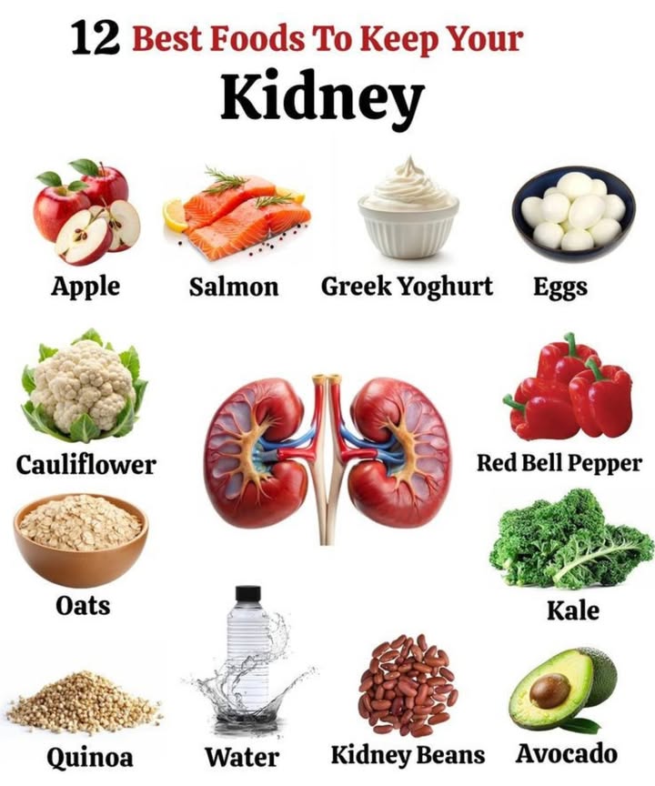 12 Best Foods for Healthy Kidneys! 陋喙
 Apple  A fiber-rich fruit that helps control blood sugar and cholesterol.
 Salmon  Packed with omega-3s that reduce inflammation and protect kidney function.
 Greek Yoghurt  High in protein and probiotics, gentle on kidneys.
讀 Eggs  A great source of clean protein without straining the kidneys.

復 Cauliflower  A versatile veggie rich in vitamins and detox-friendly compounds.
 Red Bell Pepper  Loaded with antioxidants and low in potassium!
塞 Kale  Full of nutrients, low in potassiumgreat for kidney-conscious meals.
北 Oats  A heart-healthy grain that supports overall kidney function.

 Water  The ultimate kidney cleanser! Stay hydrated to keep toxins flushing.
 Quinoa  A complete protein and low-sodium grain alternative.
樂 Kidney Beans  Naturally named and naturally supportive of kidney health!
陋 Avocado  Healthy fats and fiber, but enjoy in moderation watch potassium!.

 Quick Tip:
Pair these foods with an active lifestyle and regular checkups to keep your kidneys in peak condition!