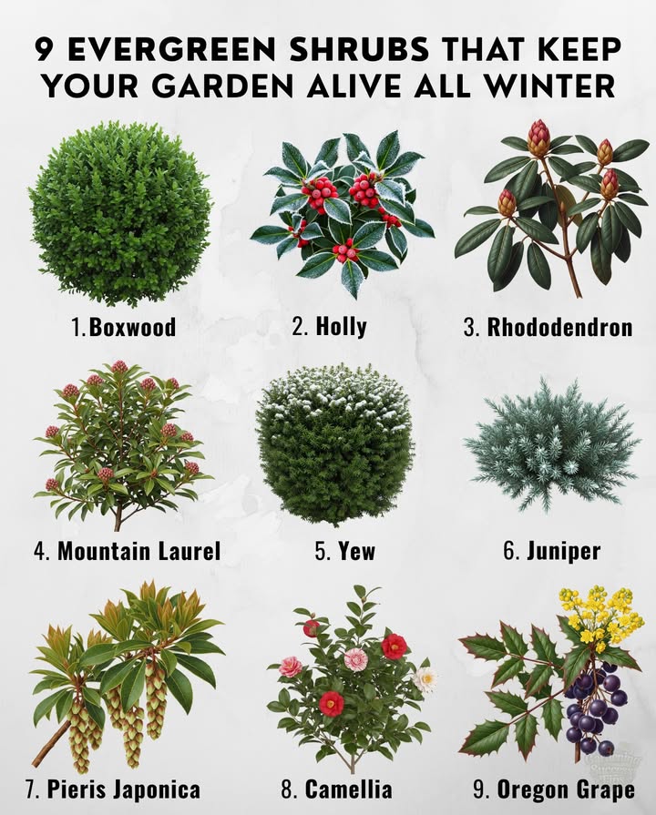 When everything else fades, these evergreens keep their color  structure through the cold months .

1. Boxwood Buxus spp.  Zones 59  Classic hedging shrub, neat & low-maintenance.
2. Holly Ilex spp.  Zones 59  Glossy green leaves  red berries for birds.
3. Rhododendron Rhododendron spp.  Zones 48  Bold spring blooms, broadleaf evergreen.
4. Mountain Laurel Kalmia latifolia  Zones 49  Shiny foliage  showy spring flowers.
5. Yew Taxus spp.  Zones 47  Tough, versatile, long-lived.
6. Juniper Juniperus spp.  Zones 29  Year-round color, from groundcover to upright.
7. Pieris Japonica Andromeda  Zones 58  Evergreen leaves  cascades of spring flowers.
8. Camellia Camellia japonica  Zones 79  Winterspring blooms in red, pink & white.
9. Oregon Grape Mahonia aquifolium  Zones 59  Spiky leaves, yellow blooms, purple berries for wildlife.

 Plant once  enjoy year-round structure, color, and shelter for birds.